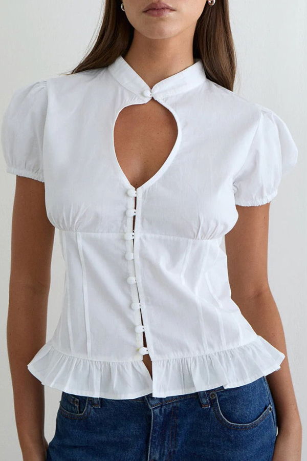 Motel Yamila Puff Sleeve Keyhole Blouse Top