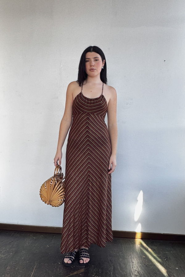 Vintage 70s Chevron Striped Halter Maxidress Dress