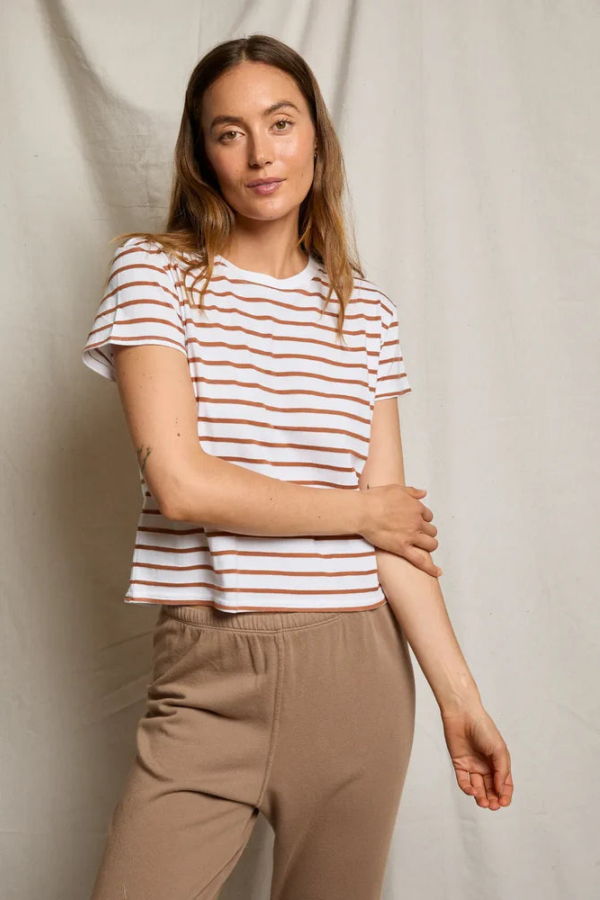 Perfect White Tee Everett Boxy Crewneck Tee - Mocha Stripe