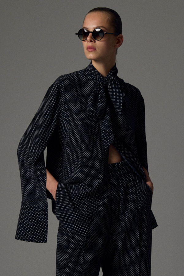 SA SU PHI Shirt With Scarf - Black and White Micro Dots Top