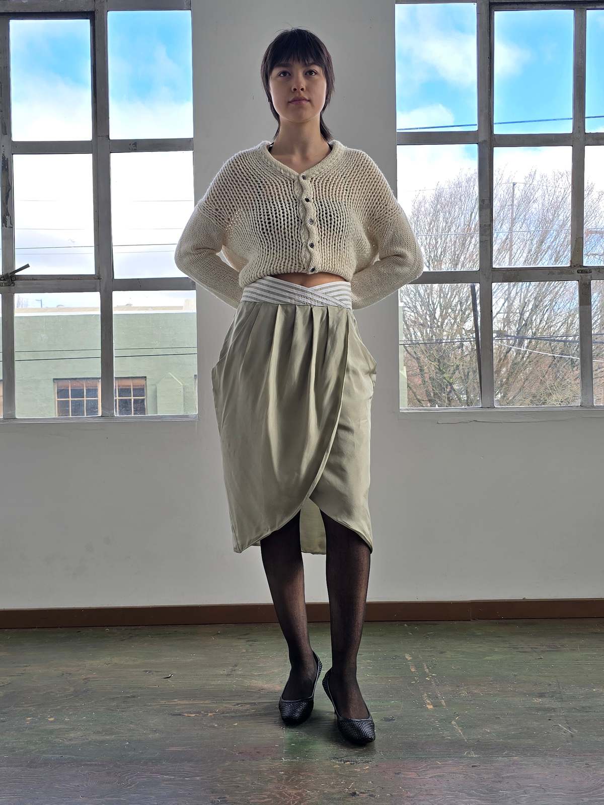 Vintage Sage Green Silk Tulip Skirt - Image 2 of 4