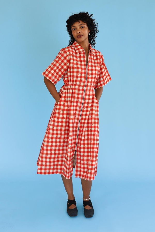 Noble Long Utility Dress - Gingham Fishies