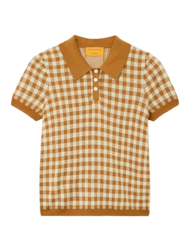 Guest in Residence Gingham Shrunken Polo Sweater - Suede/Limewash