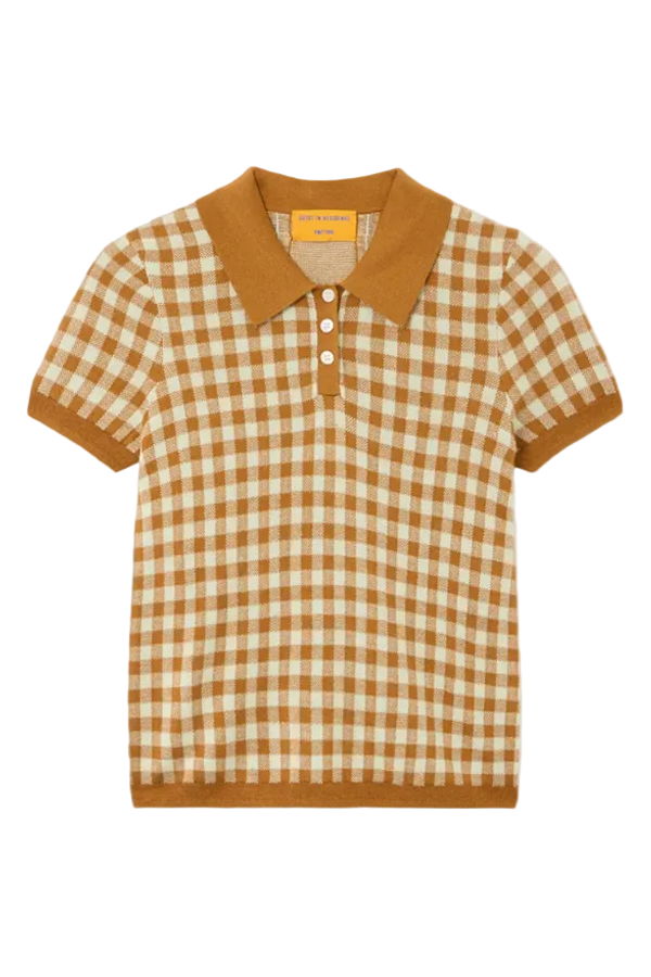 Guest in Residence Gingham Shrunken Polo Sweater - Suede/Limewash