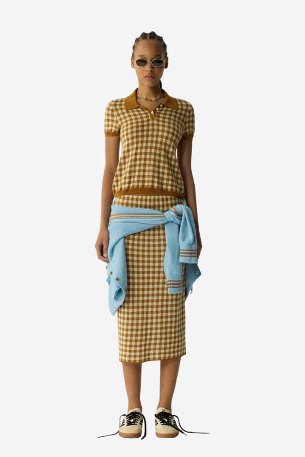 Guest in Residence Gingham Shrunken Polo Sweater - Suede/Limewash