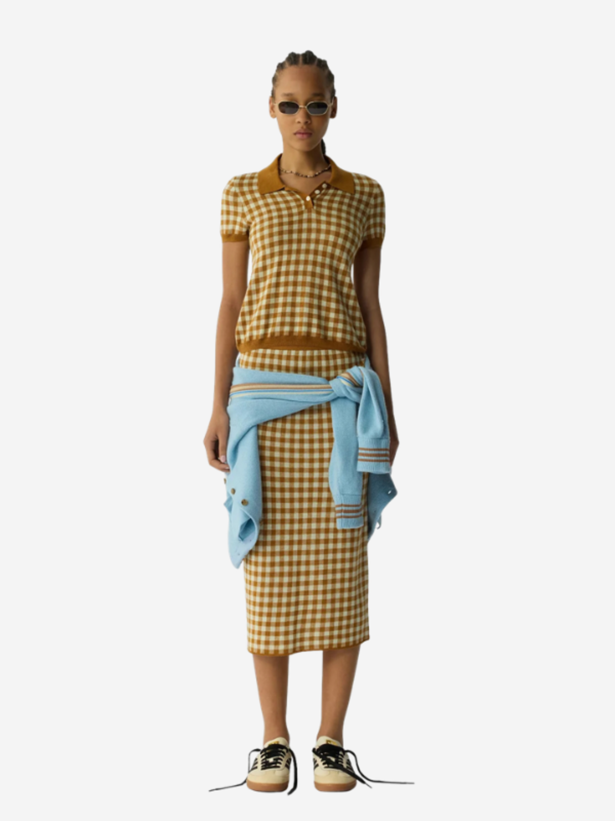 Guest in Residence Gingham Shrunken Polo Sweater - Suede/Limewash - Image 2 of 5