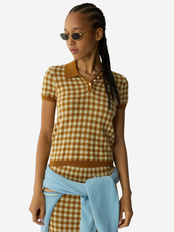 Guest in Residence Gingham Shrunken Polo Sweater - Suede/Limewash