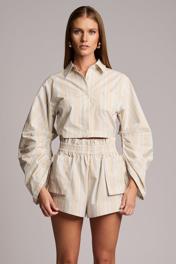 Hevron Mira Short in Poplin Shorts - Beige Stripe