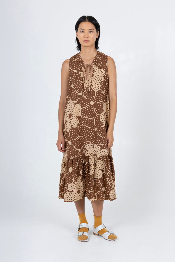 samet Pook Dress, Brown Flower Dot Print