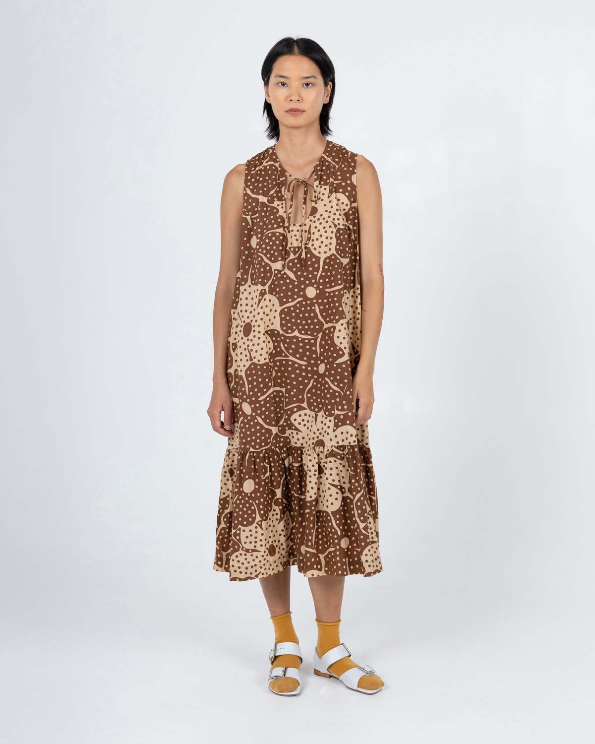 samet Pook Dress, Brown Flower Dot Print - Image 1 of 6