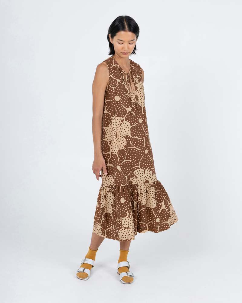 samet Pook Dress, Brown Flower Dot Print