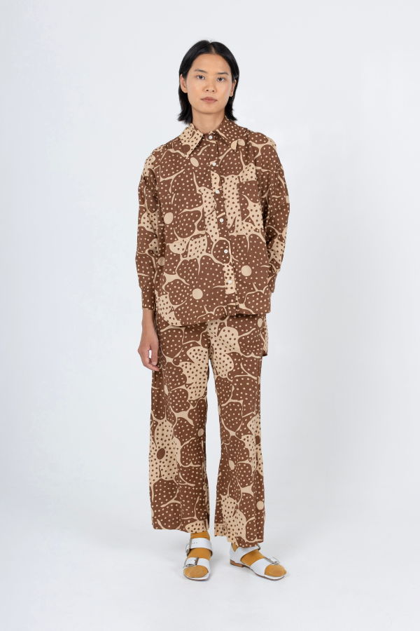 samet Talia Brown Dot Flower Print Shirt