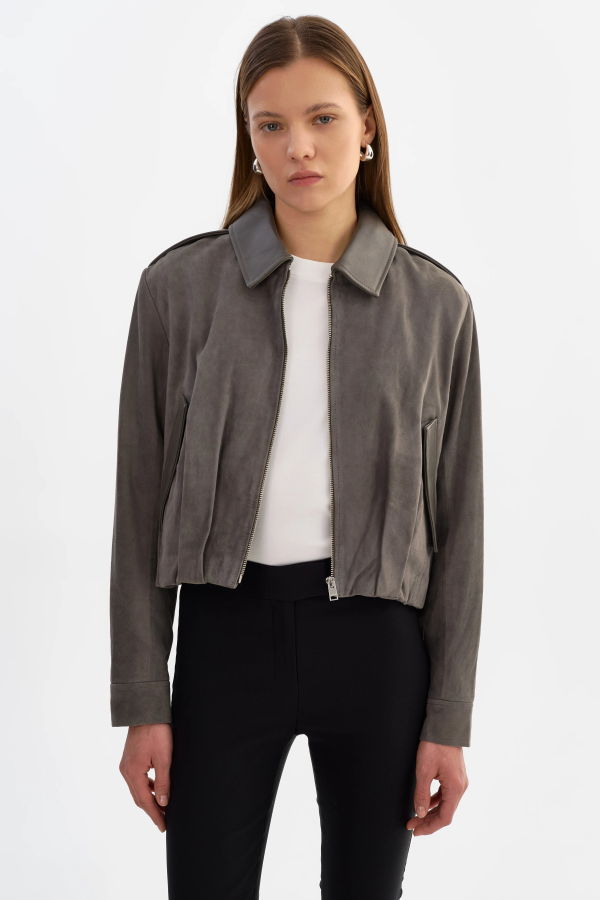 LAMARQUE Robbie Suede Bomber Jacket - Steel Grey