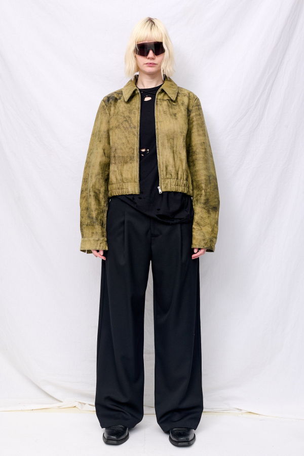 Assembly Antique Olive Leather Shrunken Zip Jacket