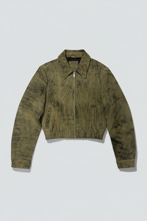 Assembly Antique Olive Leather Shrunken Zip Jacket