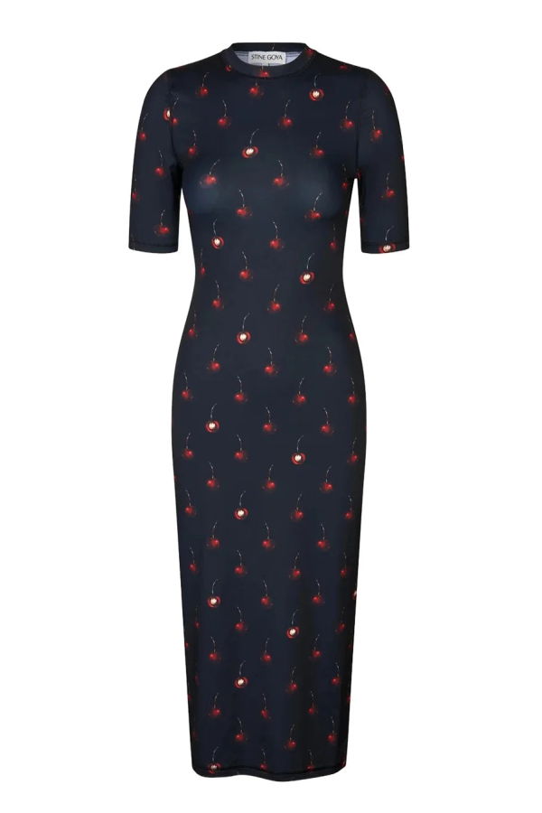 Stine Goya Short Sleeve Crewneck Midi Dress in Cherries - Navy