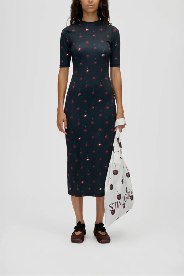 Stine Goya Short Sleeve Crewneck Midi Dress in Cherries - Navy
