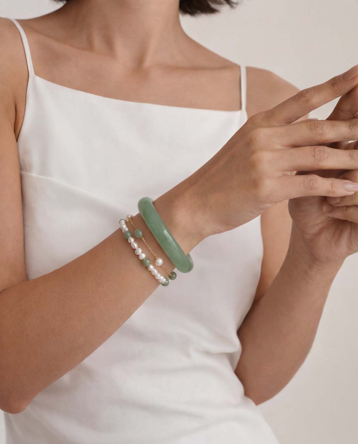 Seree Smoke Opaque Jade Stone Bangle - Light Green - Image 2 of 4
