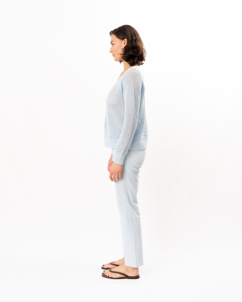 ELLIOTT LAUREN V-Neck Pointelle Sweater - Ice Blue