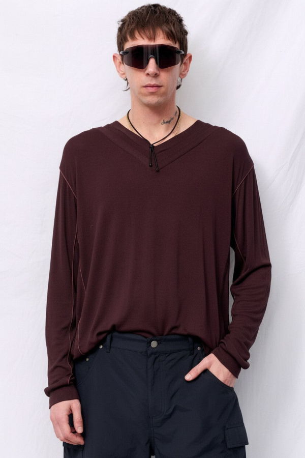 SERAPIS Dark Brown Longsleeve Double V Football Top