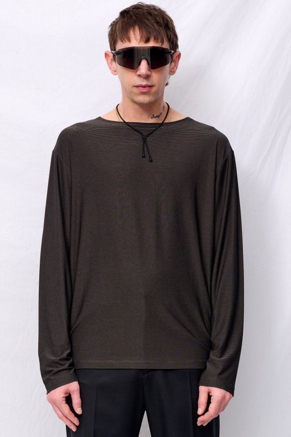 AMOMENTO Grey Stripe Boat Neck Long Sleeve Top