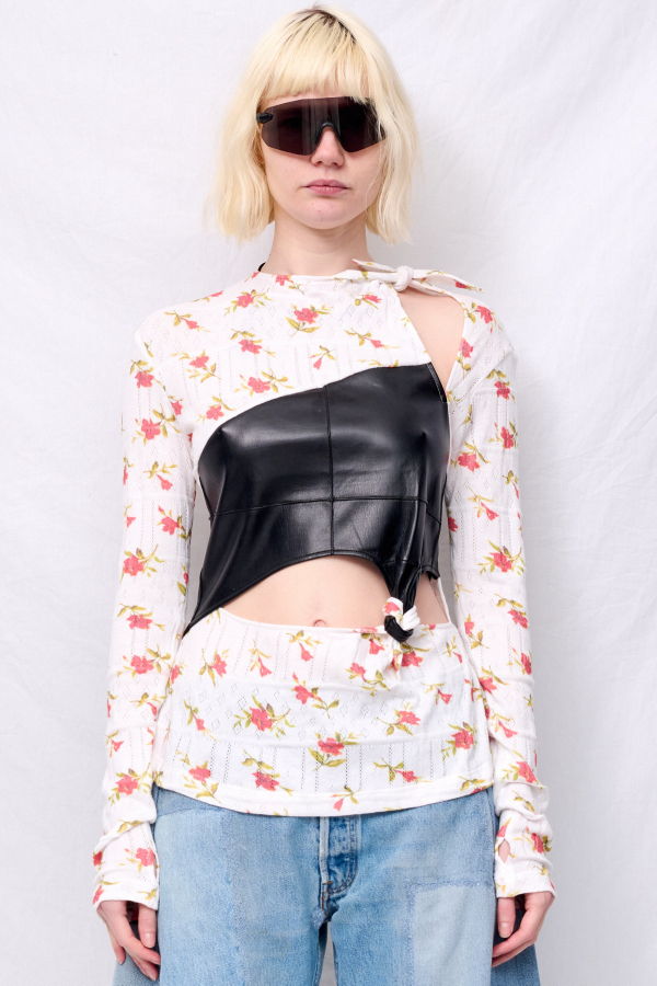 Zimo White Floral Jersey Knots Pintuck Top