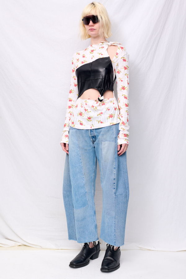 Zimo White Floral Jersey Knots Pintuck Top