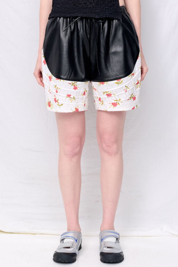 Zimo White Floral Jersey Pintuck Vegan Leather Shorts