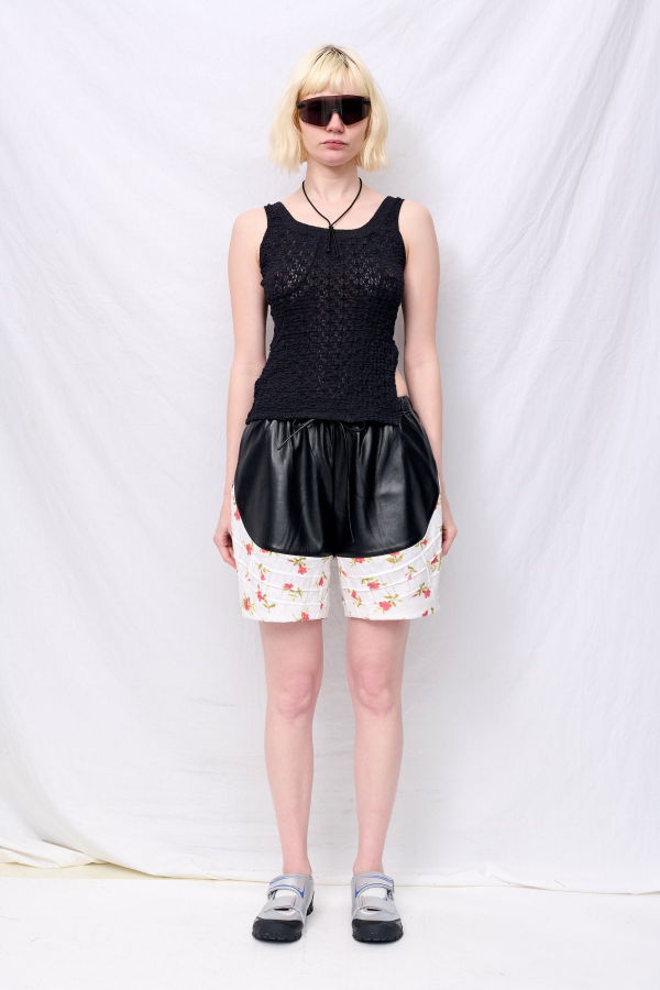 Zimo White Floral Jersey Pintuck Vegan Leather Shorts