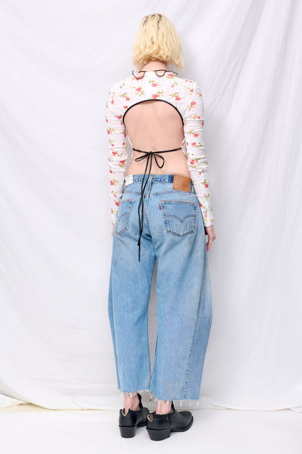 Zimo White Floral Jersey Ruffle Hem Cut Out Top