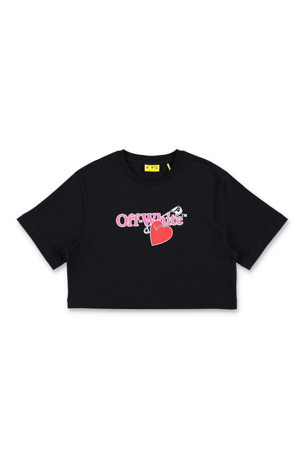 KIDS Off-White Black Cropped Cotton T-Shirt With Heart Print Top - Black