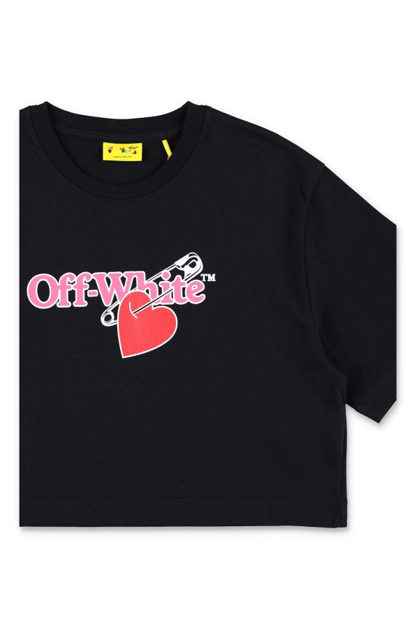 KIDS Off-White Black Cropped Cotton T-Shirt With Heart Print Top - Black