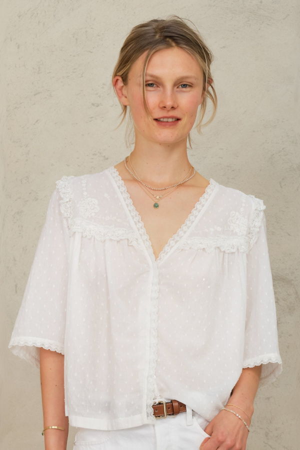 M.A.B.E Brea Frill Embroidered Top - Ivory