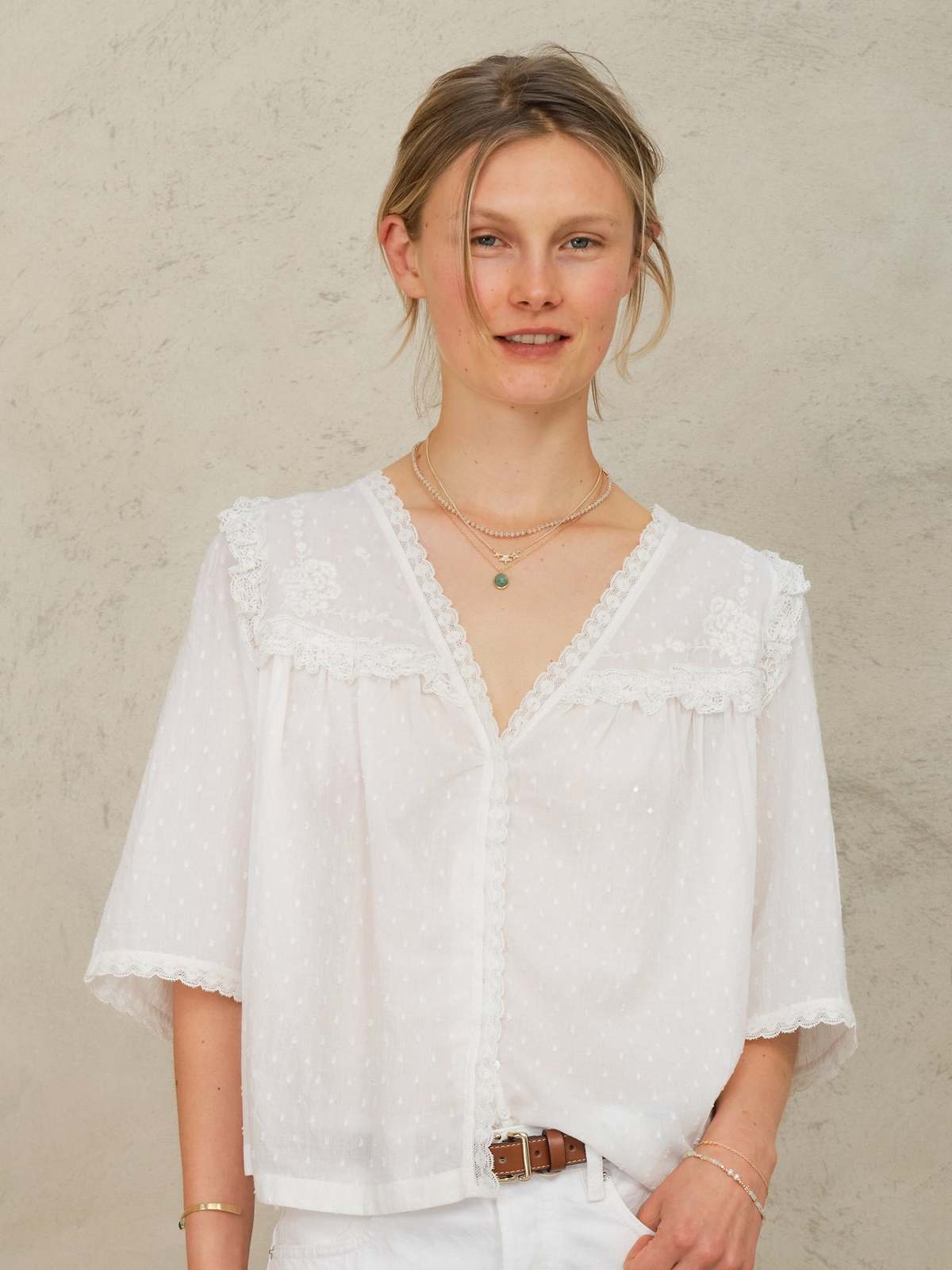 M.A.B.E Brea Frill Embroidered Top - Ivory - Image 1 of 4