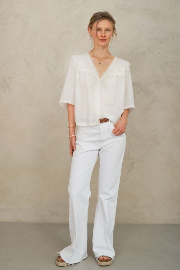 M.A.B.E Brea Frill Embroidered Top - Ivory