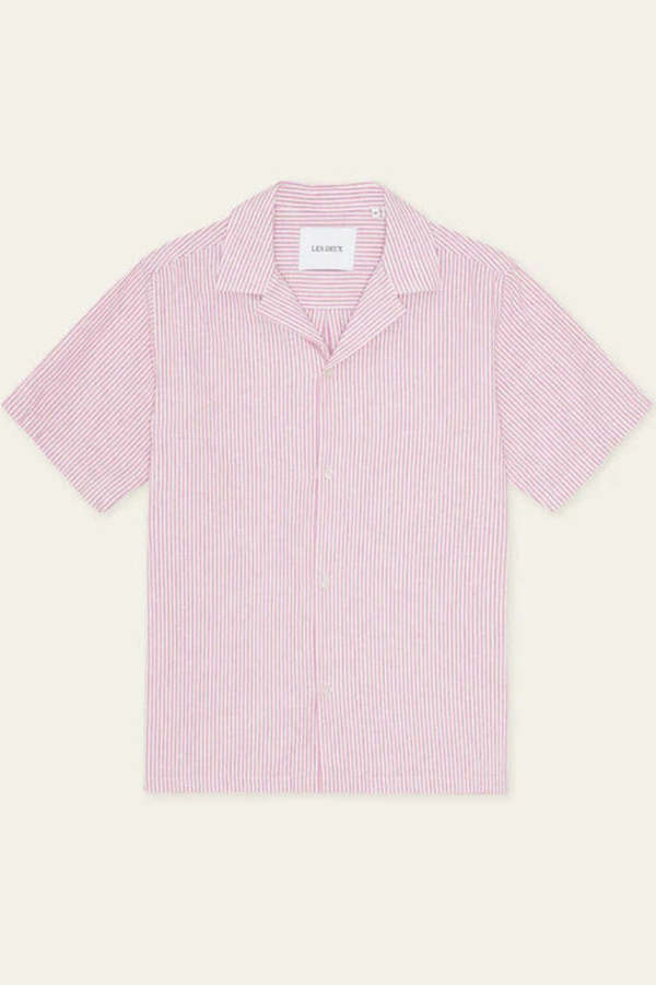 LES DEUX Lukas Stripe Cotton Linen Short Sleeve Shirt - Crocus Pink