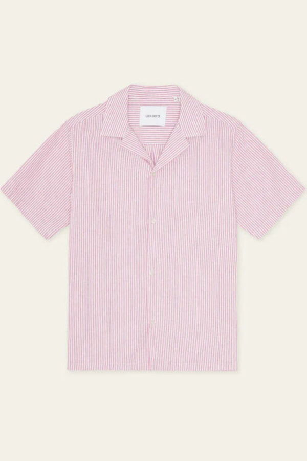 LES DEUX Lukas Stripe Cotton Linen Short Sleeve Shirt - Crocus Pink