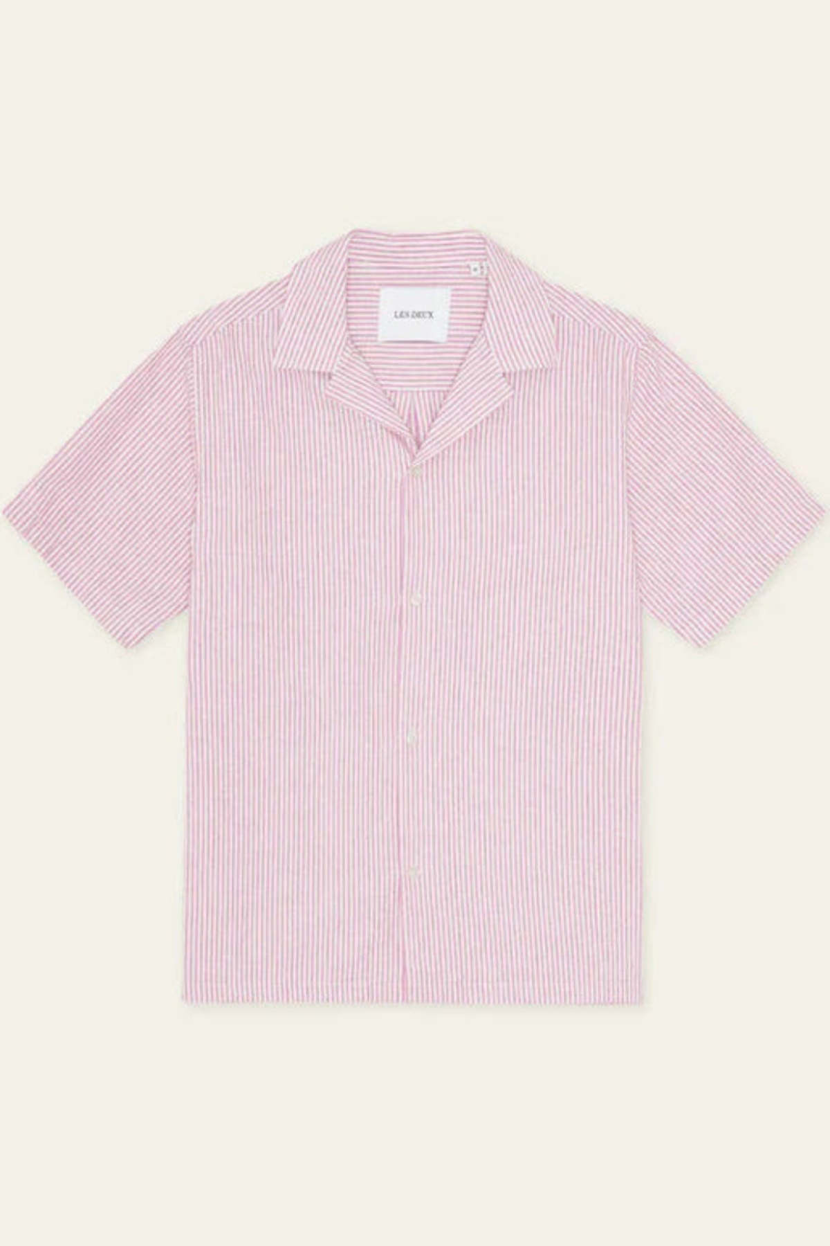 LES DEUX Lukas Stripe Cotton Linen Short Sleeve Shirt - Crocus Pink - Image 1 of 5
