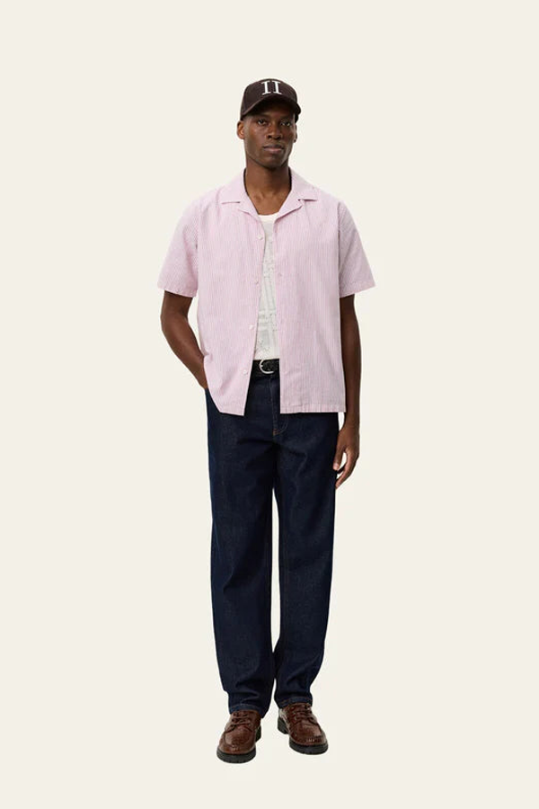 LES DEUX Lukas Stripe Cotton Linen Short Sleeve Shirt - Crocus Pink