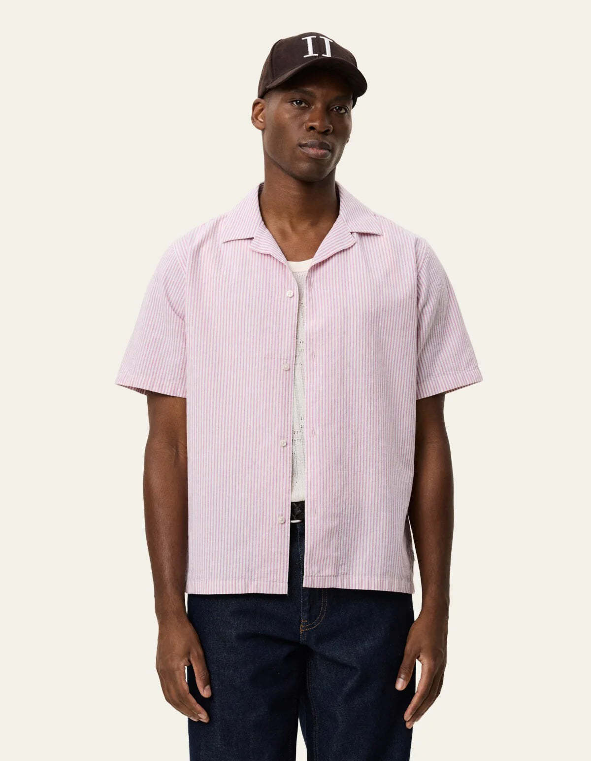 LES DEUX Lukas Stripe Cotton Linen Short Sleeve Shirt - Crocus Pink - Image 3 of 5