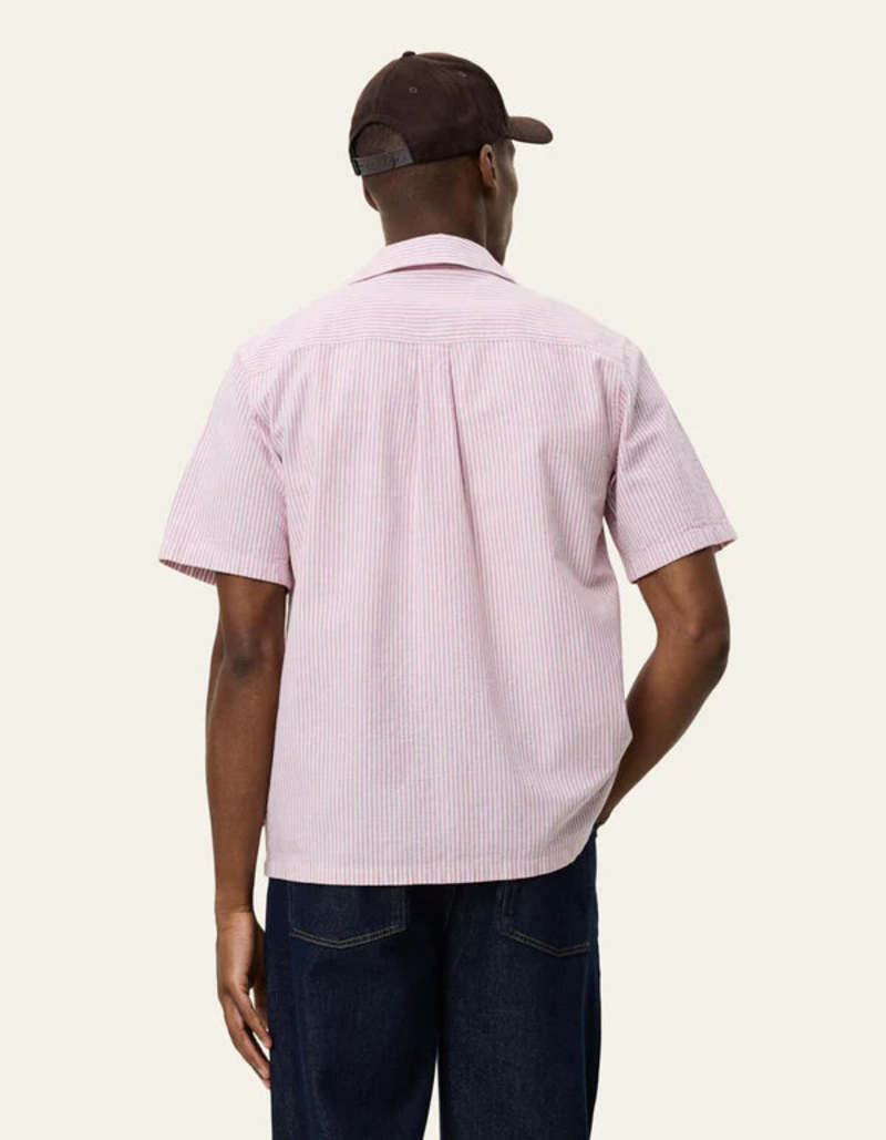 LES DEUX Lukas Stripe Cotton Linen Short Sleeve Shirt - Crocus Pink