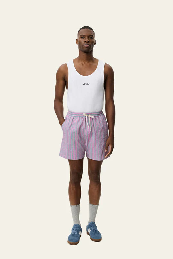 LES DEUX Stan Stripe Seersucker Swim Shorts - Crocus Pink