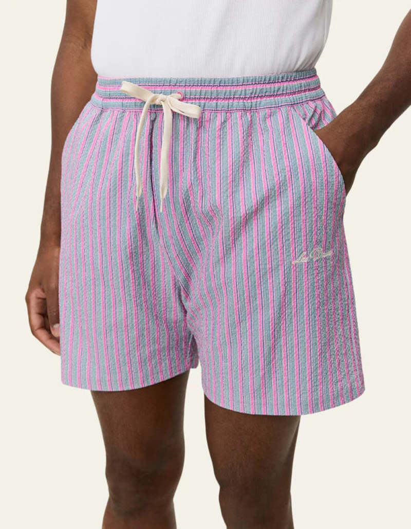 LES DEUX Stan Stripe Seersucker Swim Shorts - Crocus Pink