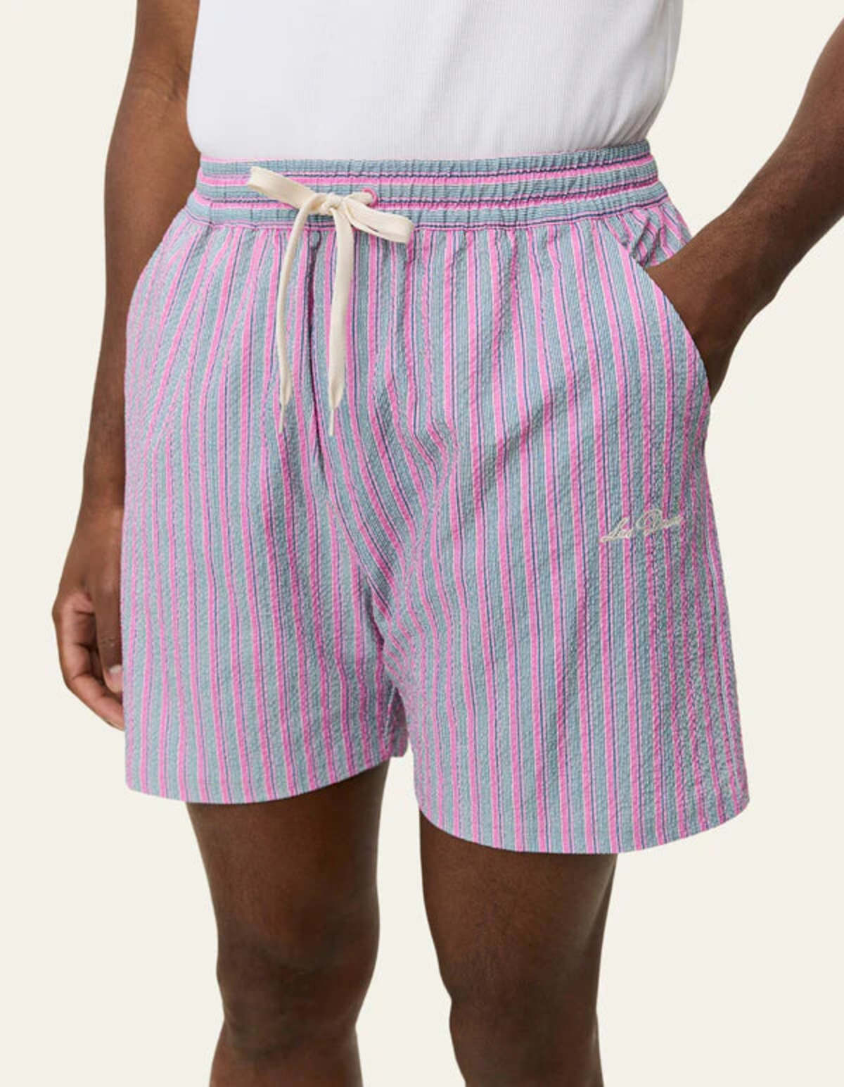 LES DEUX Stan Stripe Seersucker Swim Shorts - Crocus Pink - Image 3 of 4