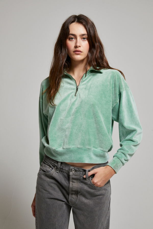 Asher Cody Corduroy Velour 1/4 Zip Sweatshirt - Avocado