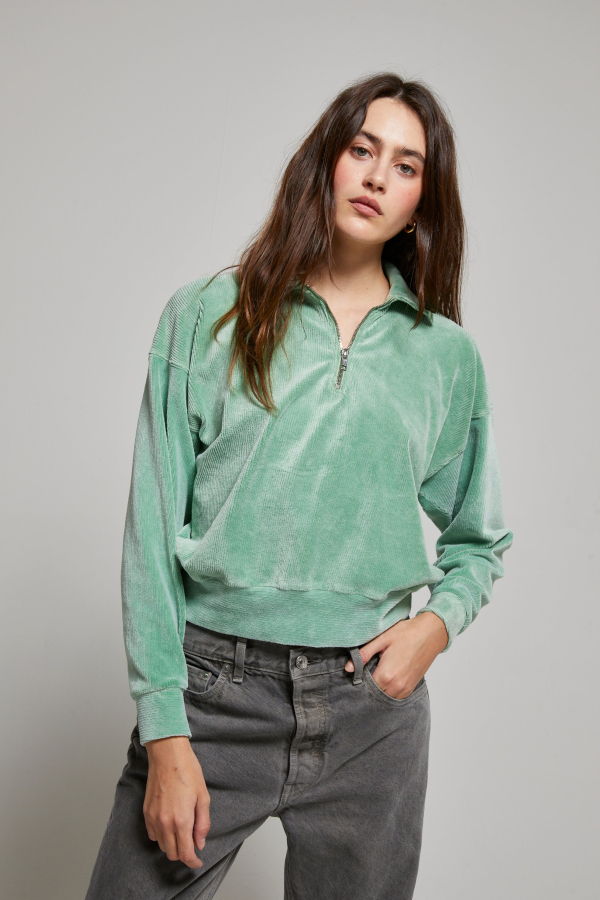 Asher Cody Corduroy Velour 1/4 Zip Sweatshirt - Avocado