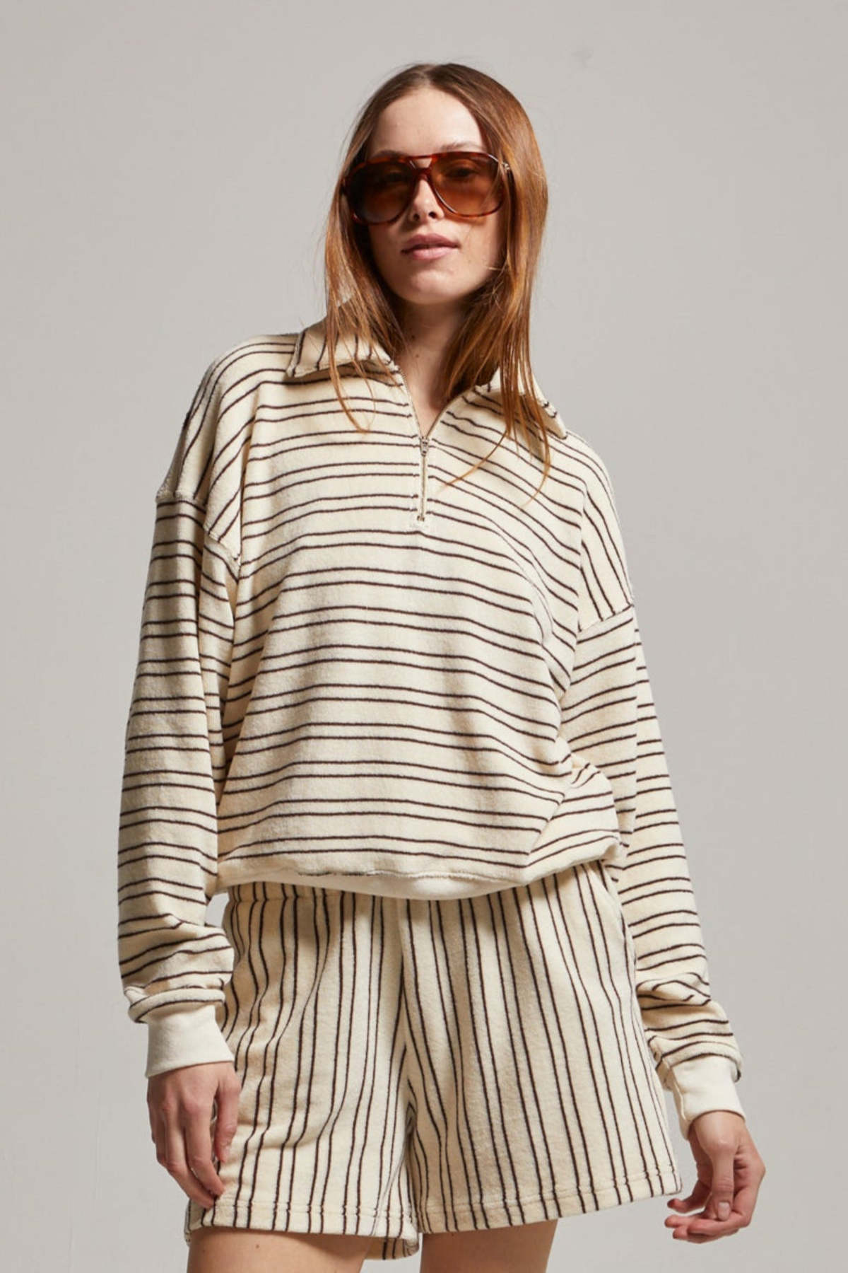Asher Cody Terry 1/4 Zip Sweatshirt - Cream / Brown Stripe - Image 6 of 8