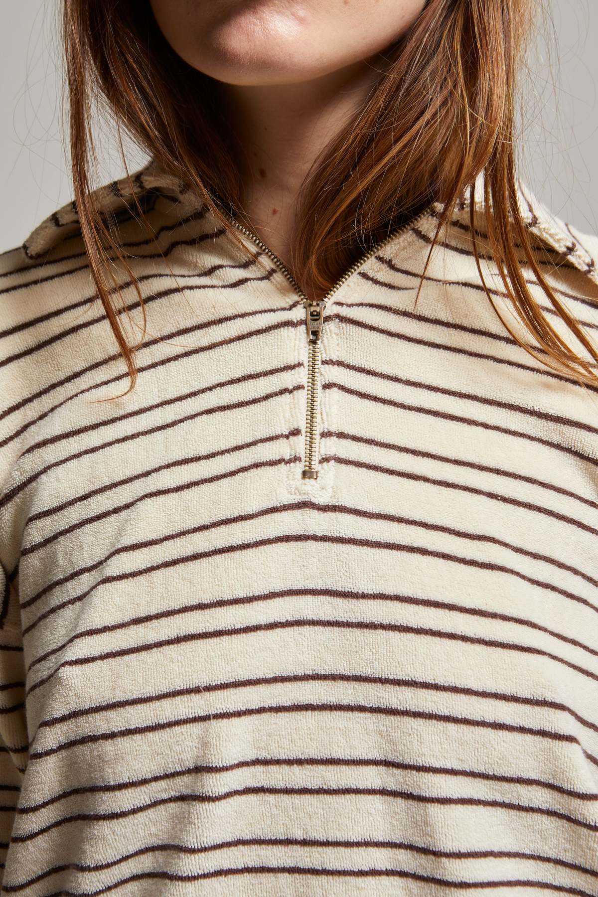 Asher Cody Terry 1/4 Zip Sweatshirt - Cream / Brown Stripe - Image 7 of 8
