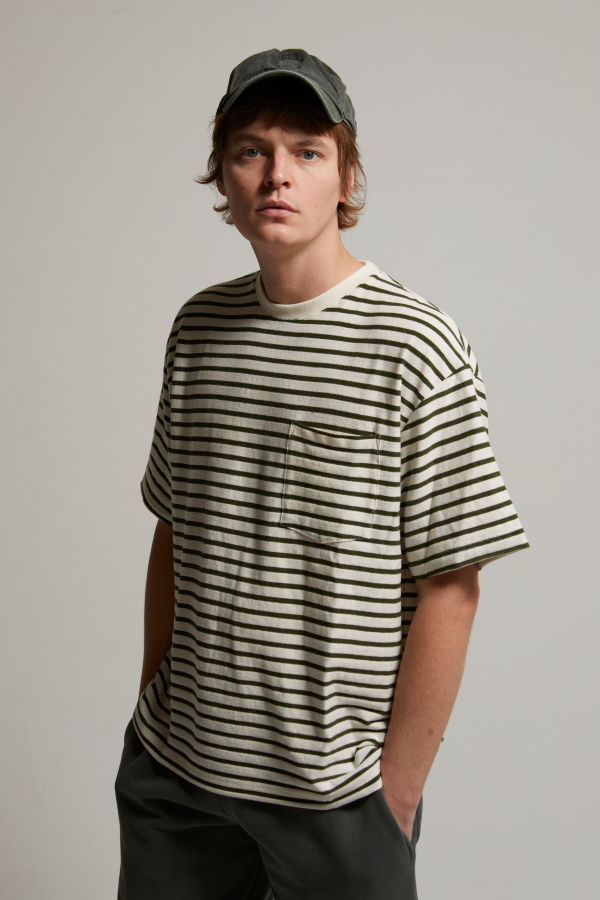 Asher Ethan Striped Pocket Tee - Natural / Green Stripe