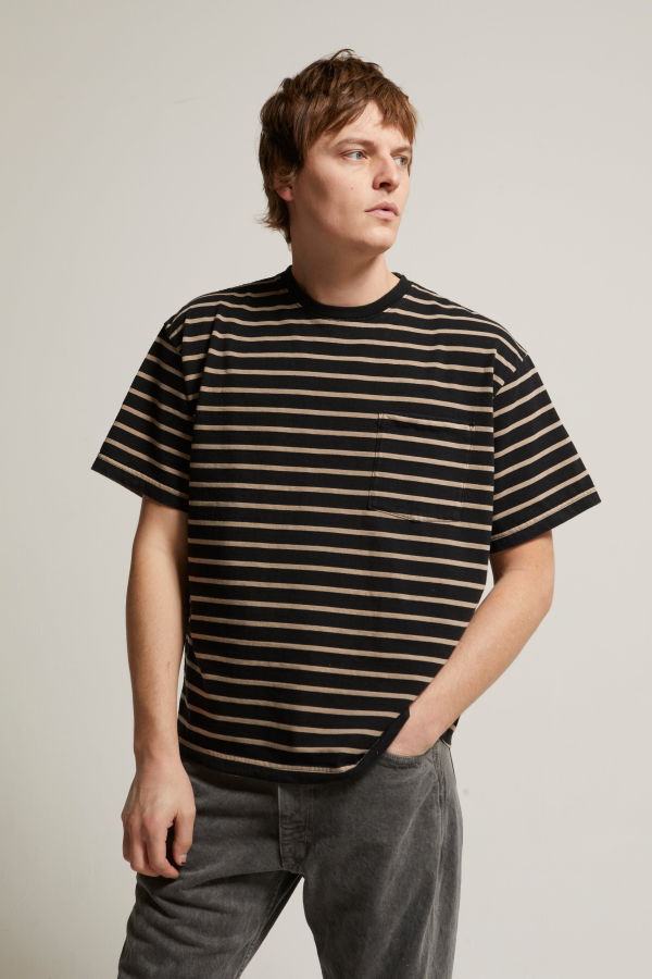 Asher Ethan Striped Pocket Tee - Biscuit / Black Stripe